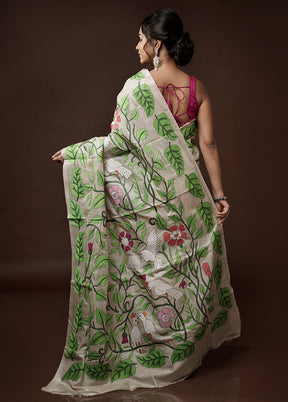 Cream Kantha Stitch Pure Silk Saree With Blouse Piece - Indian Silk House Agencies