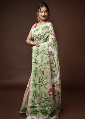 Cream Kantha Stitch Pure Silk Saree With Blouse Piece - Indian Silk House Agencies