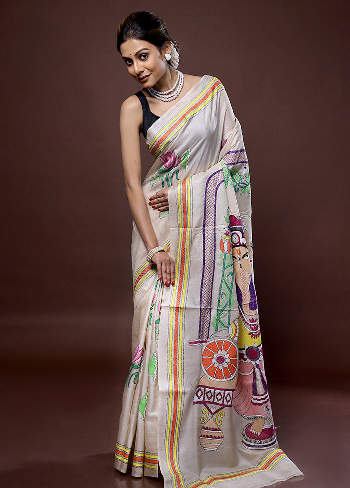 Cream Kantha Stitch Pure Silk Saree With Blouse Piece - Indian Silk House Agencies