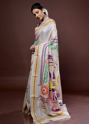 Cream Kantha Stitch Pure Silk Saree With Blouse Piece - Indian Silk House Agencies