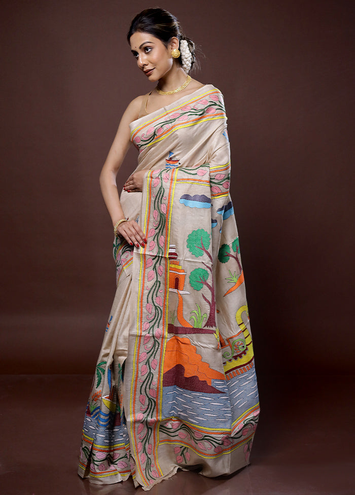Cream Kantha Stitch Pure Silk Saree With Blouse Piece - Indian Silk House Agencies