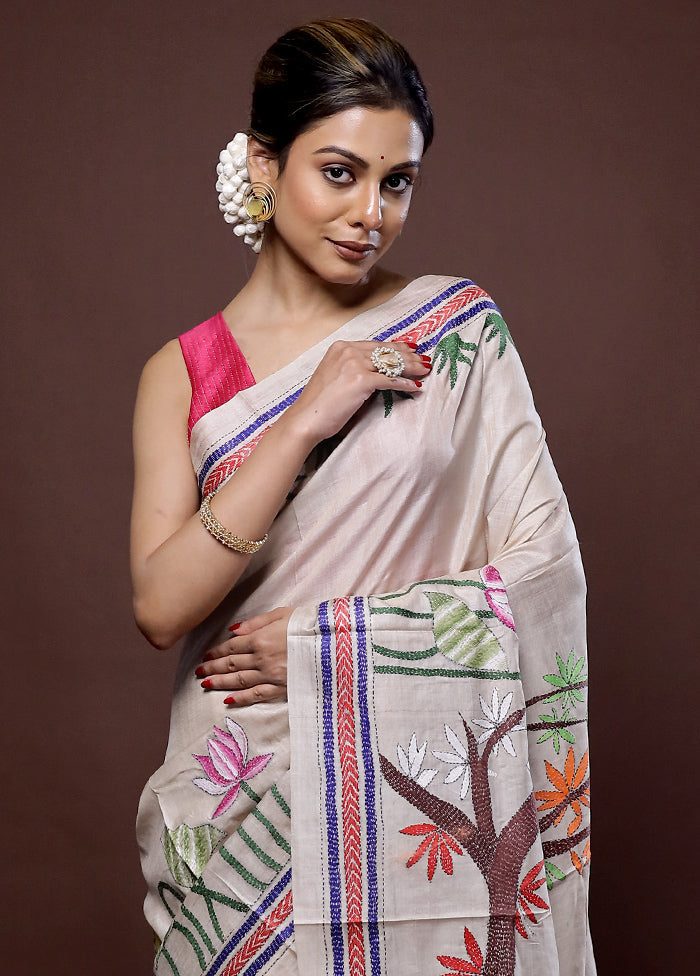 Cream Kantha Stitch Pure Silk Saree With Blouse Piece - Indian Silk House Agencies