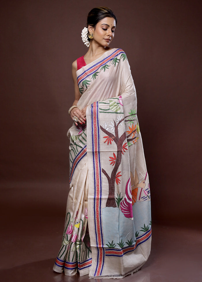 Cream Kantha Stitch Pure Silk Saree With Blouse Piece - Indian Silk House Agencies