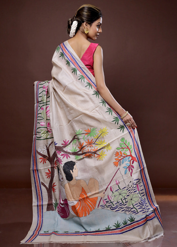 Cream Kantha Stitch Pure Silk Saree With Blouse Piece - Indian Silk House Agencies