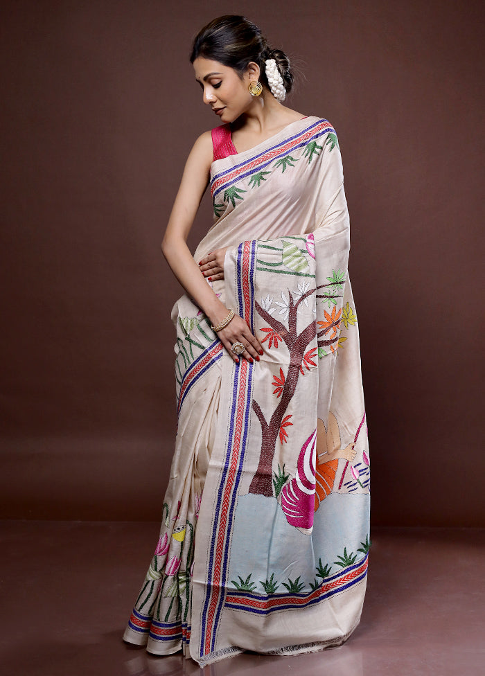 Cream Kantha Stitch Pure Silk Saree With Blouse Piece - Indian Silk House Agencies