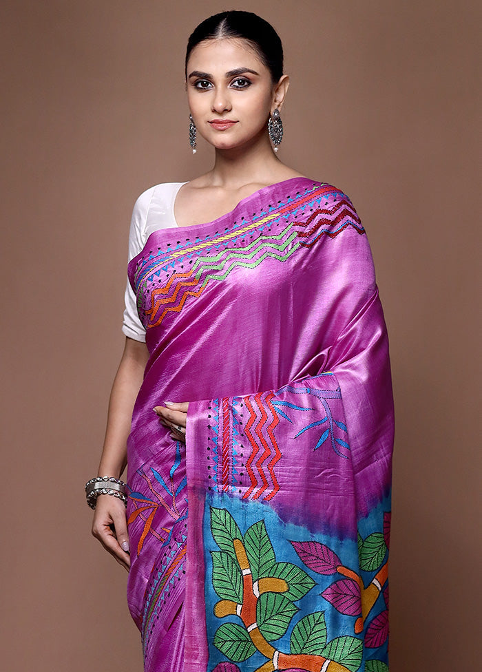 Purple Handloom Kantha Stitch Pure Silk Saree With Blouse Piece