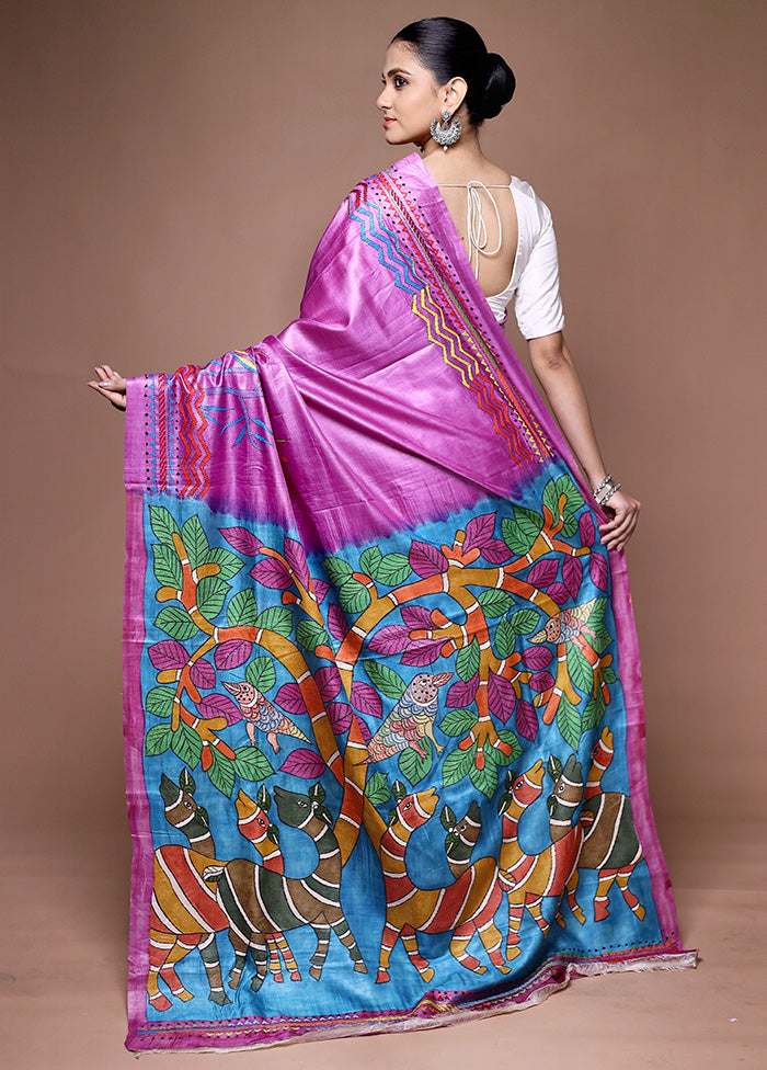 Purple Handloom Kantha Stitch Pure Silk Saree With Blouse Piece