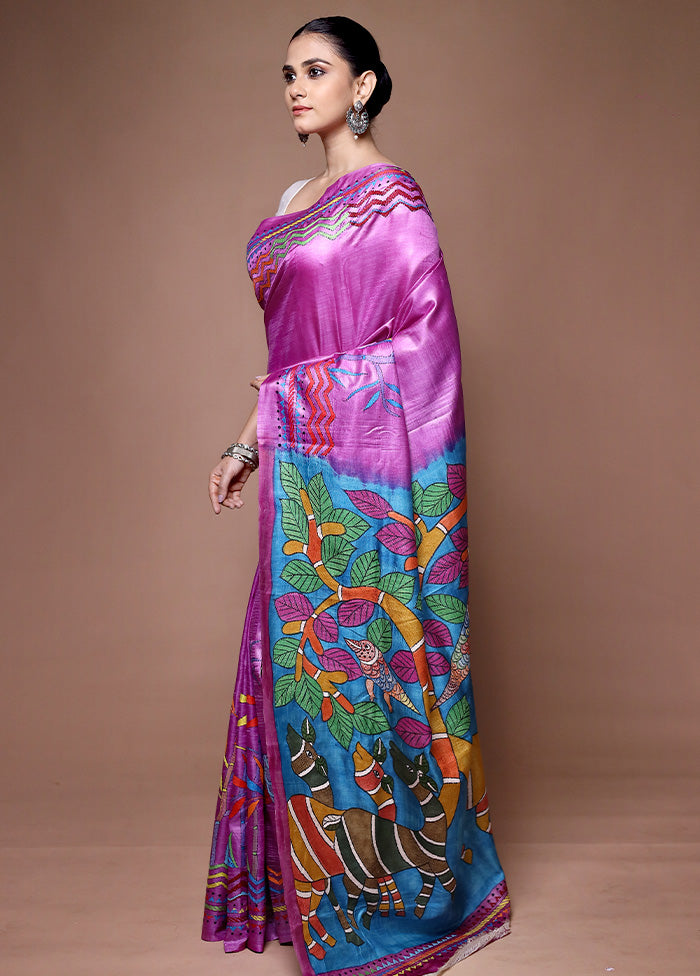 Purple Handloom Kantha Stitch Pure Silk Saree With Blouse Piece