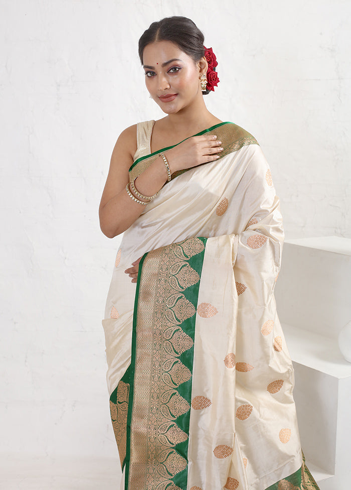 Cream Katan Pure Silk Saree With Blouse Piece - Indian Silk House Agencies