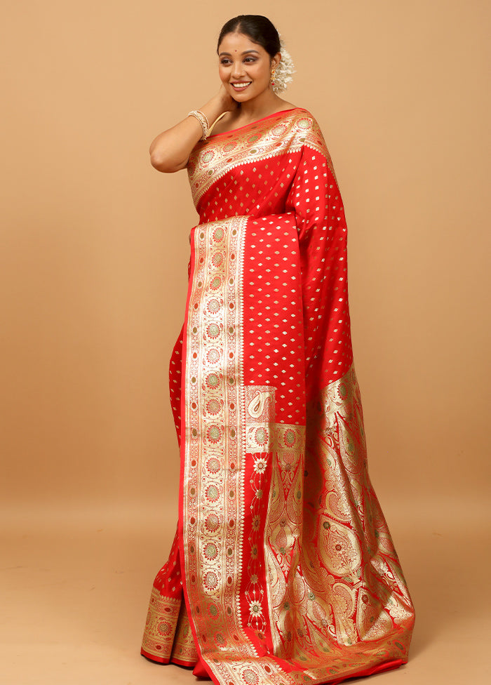 Red Banarasi Silk Saree With Blouse Piece