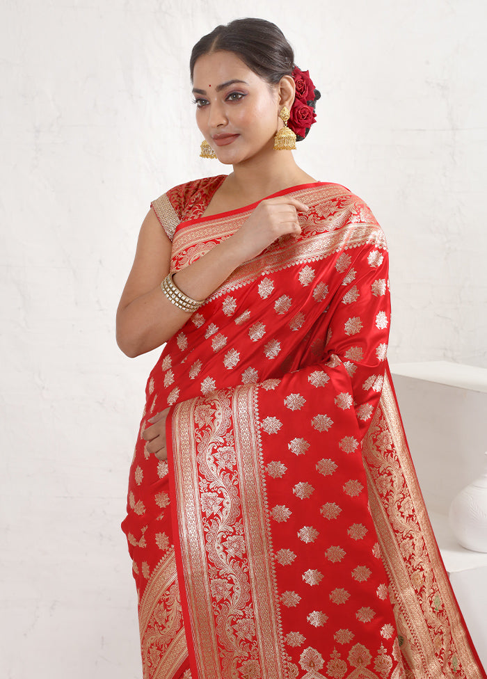 Red Banarasi Silk Saree With Blouse Piece - Indian Silk House Agencies