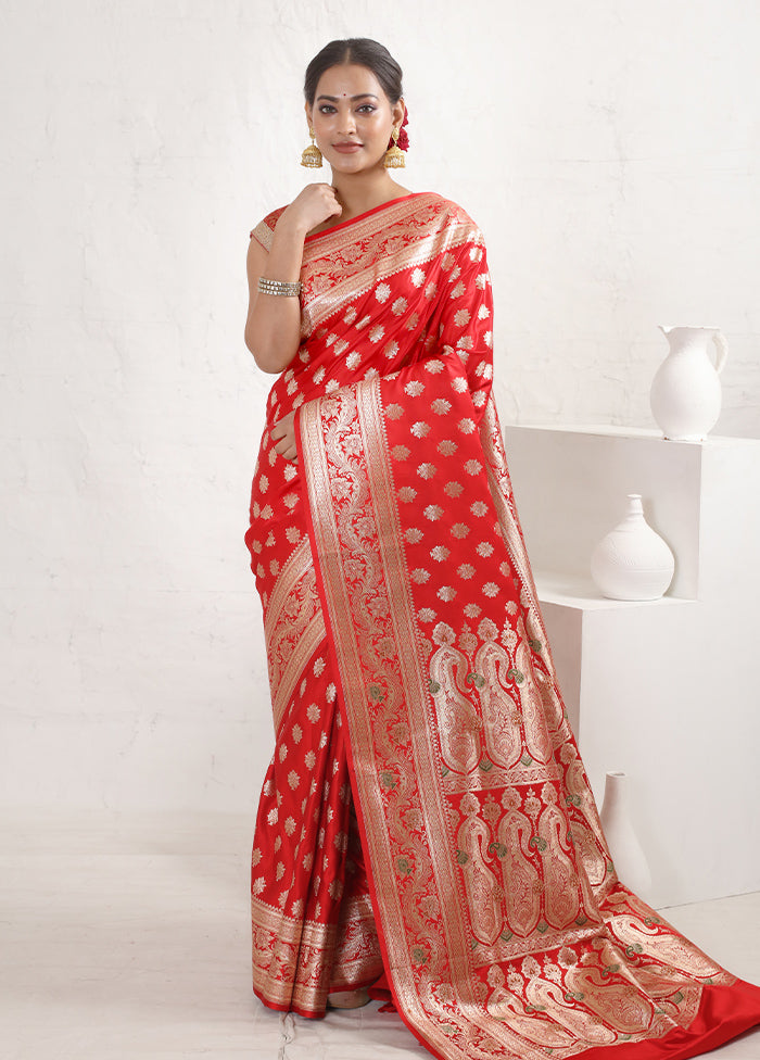 Red Banarasi Silk Saree With Blouse Piece - Indian Silk House Agencies