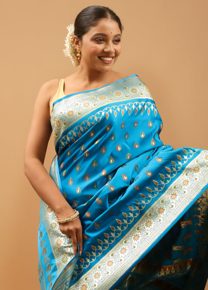 Blue Banarasi Silk Saree With Blouse Piece