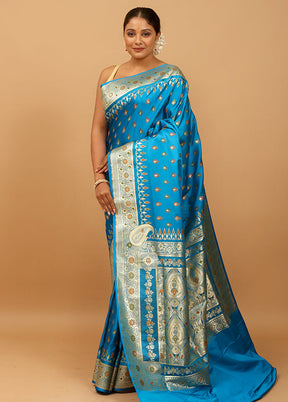 Blue Banarasi Silk Saree With Blouse Piece