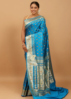 Blue Banarasi Silk Saree With Blouse Piece