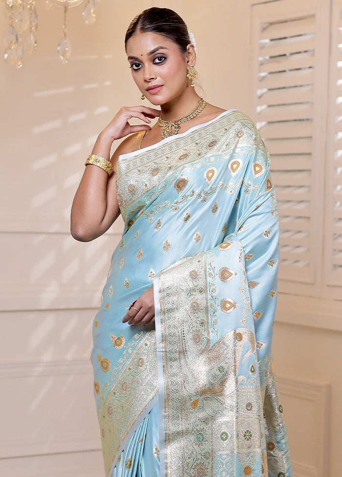 Blue Banarasi Silk Saree With Blouse Piece