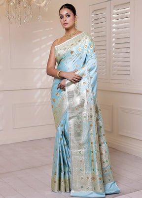 Blue Banarasi Silk Saree With Blouse Piece