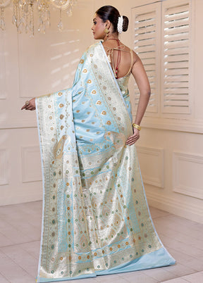 Blue Banarasi Silk Saree With Blouse Piece