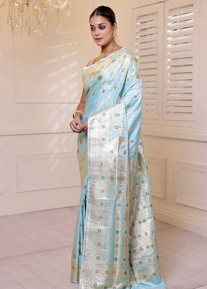 Blue Banarasi Silk Saree With Blouse Piece