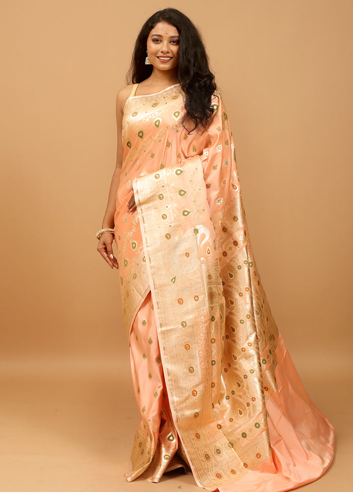 Peach Banarasi Silk Saree With Blouse Piece