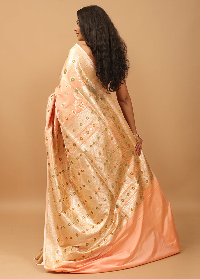 Peach Banarasi Silk Saree With Blouse Piece