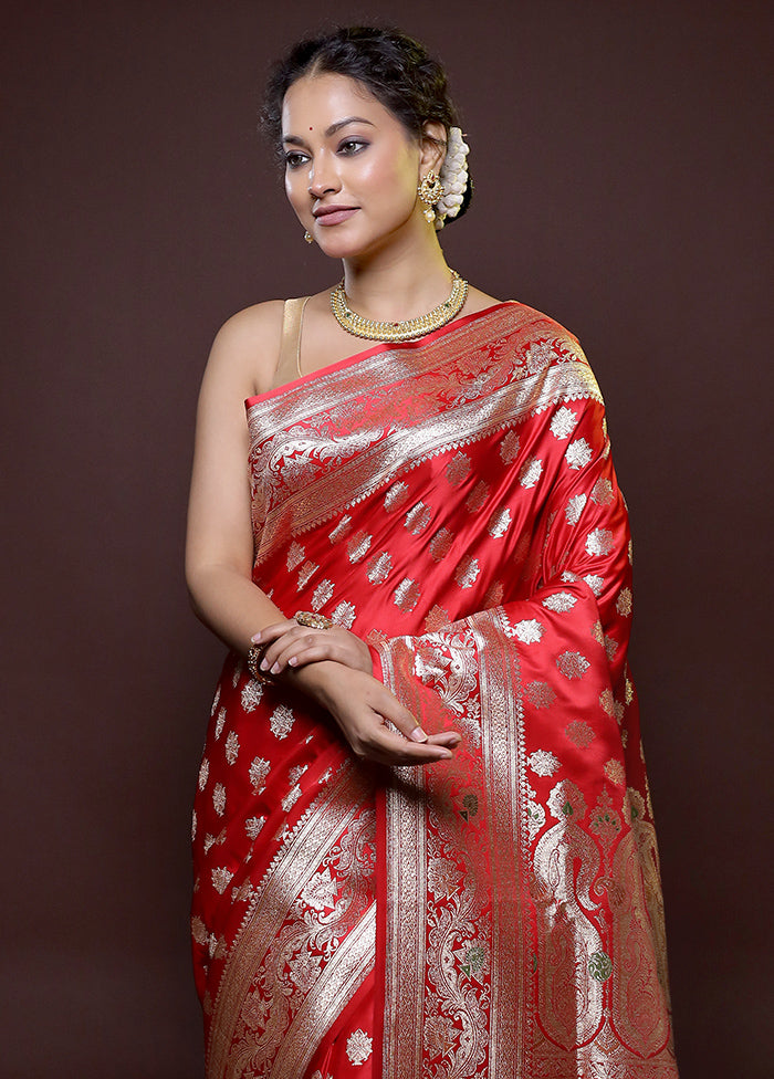 Red Banarasi Silk Saree With Blouse Piece