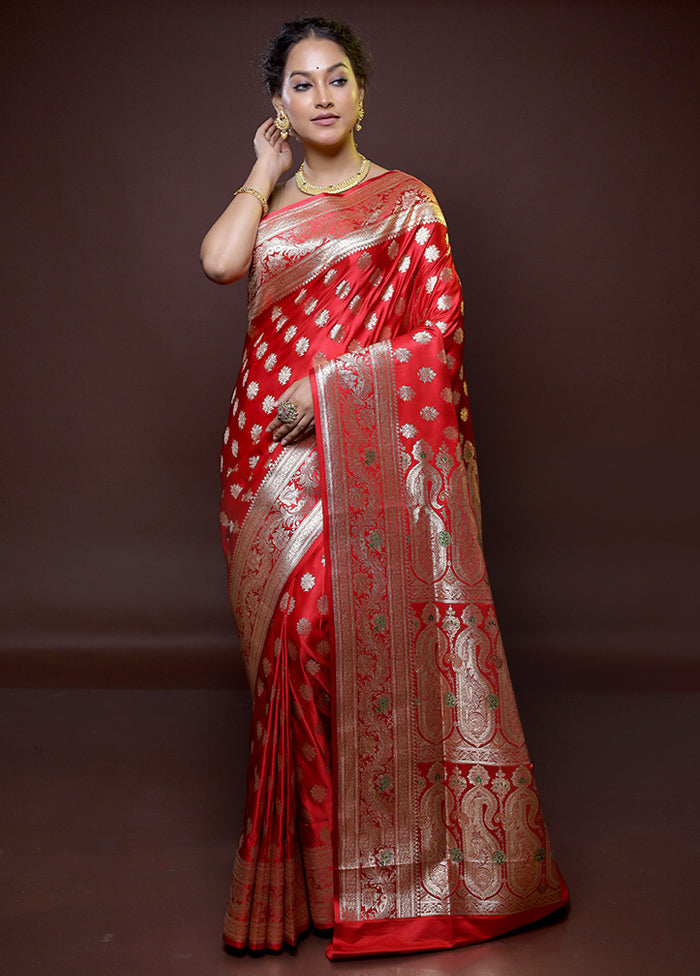 Red Banarasi Silk Saree With Blouse Piece