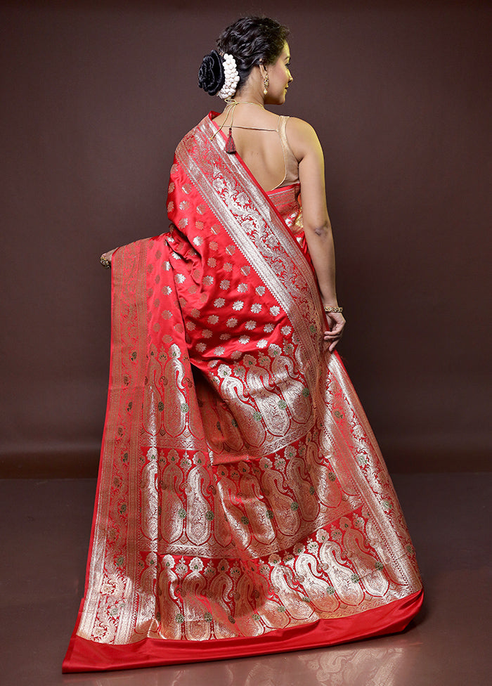 Red Banarasi Silk Saree With Blouse Piece