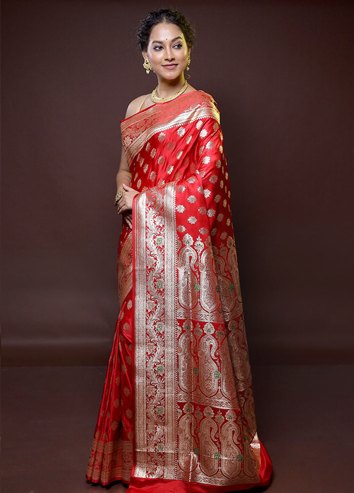 Red Banarasi Silk Saree With Blouse Piece