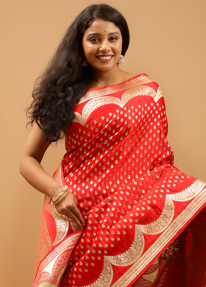 Red Handloom Banarasi Pure Silk Saree With Blouse Piece