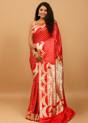 Red Handloom Banarasi Pure Silk Saree With Blouse Piece