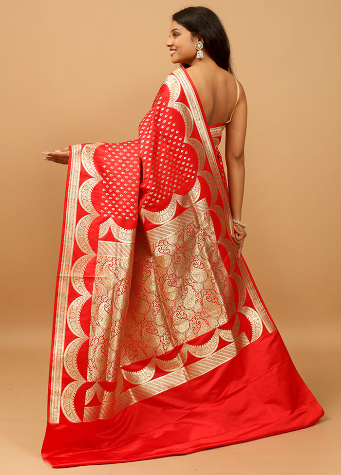 Red Handloom Banarasi Pure Silk Saree With Blouse Piece