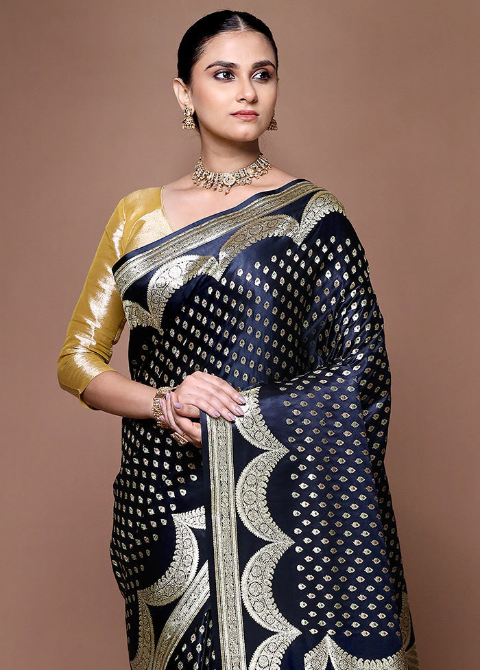 Black Handloom Banarasi Pure Silk Saree With Blouse Piece