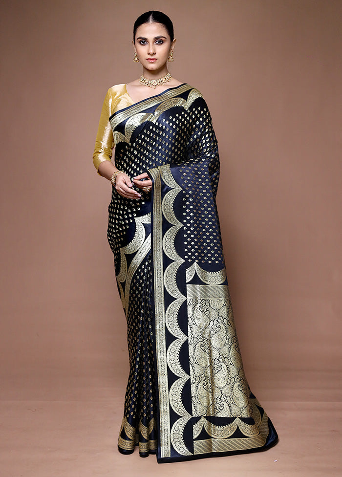 Navy Blue Handloom Banarasi Pure Silk Saree With Blouse Piece