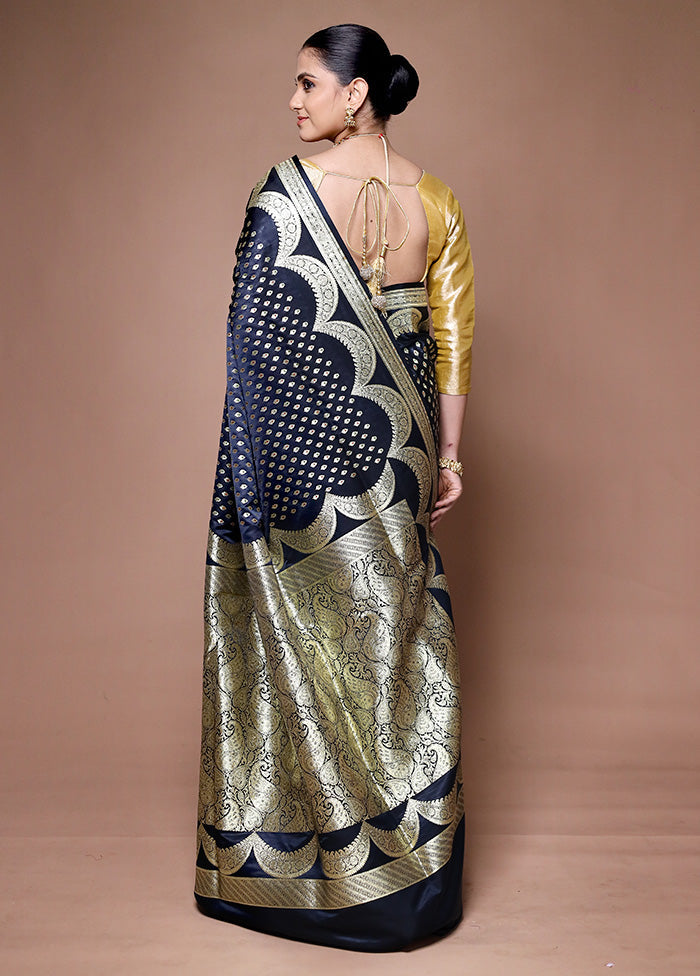 Navy Blue Handloom Banarasi Pure Silk Saree With Blouse Piece