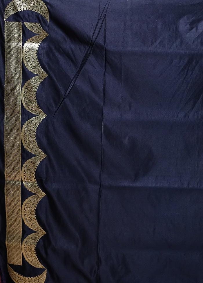 Navy Blue Handloom Banarasi Pure Silk Saree With Blouse Piece