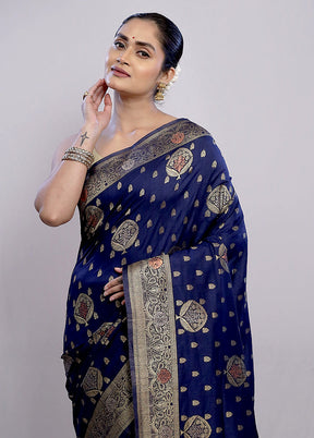 Blue Dupion Silk Saree With Blouse Piece - Indian Silk House Agencies