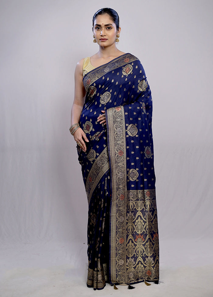 Blue Dupion Silk Saree With Blouse Piece - Indian Silk House Agencies