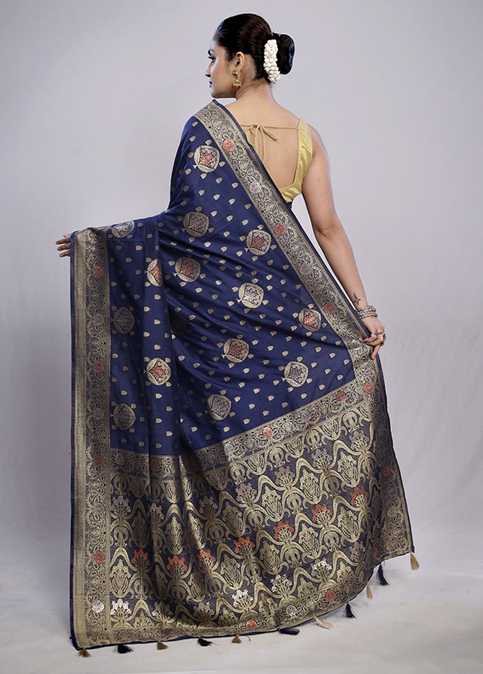 Blue Dupion Silk Saree With Blouse Piece - Indian Silk House Agencies