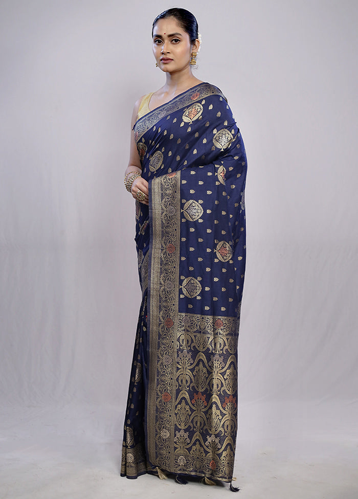 Blue Dupion Silk Saree With Blouse Piece - Indian Silk House Agencies