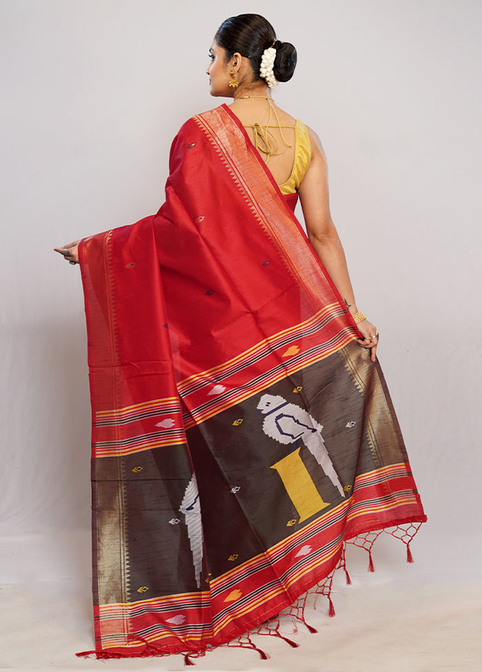 Red Dupion Silk Saree With Blouse Piece - Indian Silk House Agencies