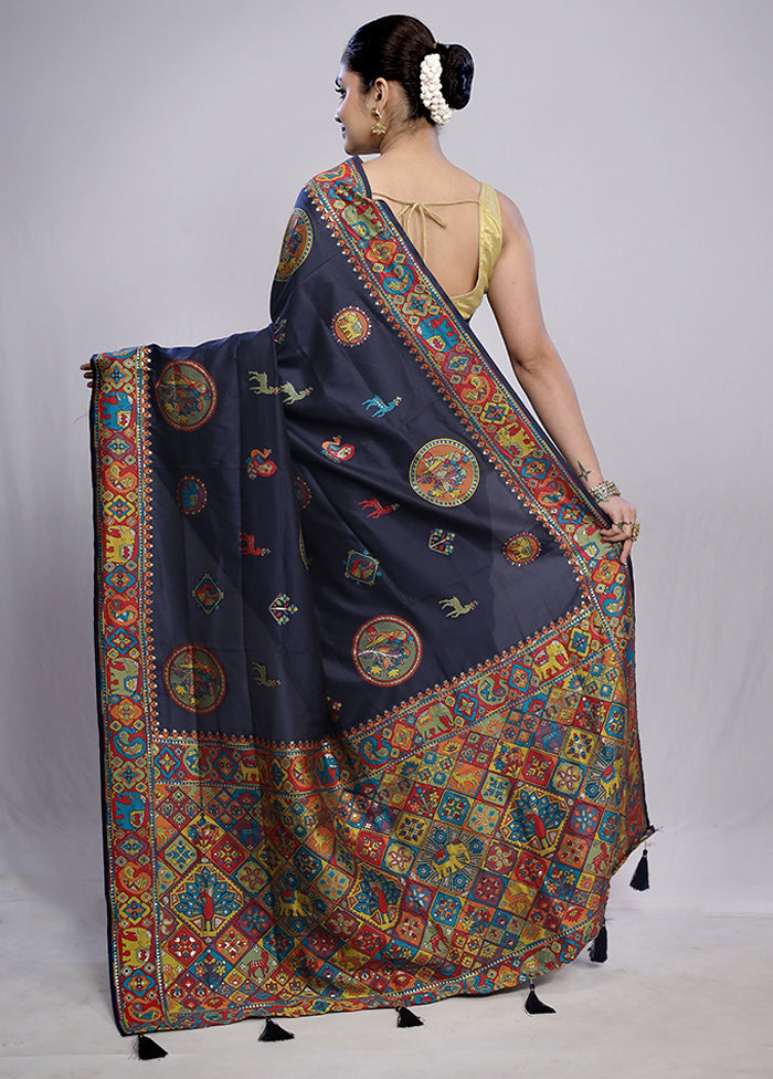 Blue Dupion Silk Saree With Blouse Piece - Indian Silk House Agencies