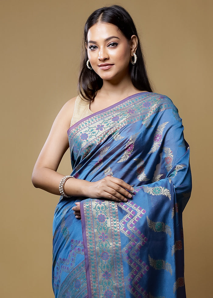 Blue Kora Silk Saree With Blouse Piece