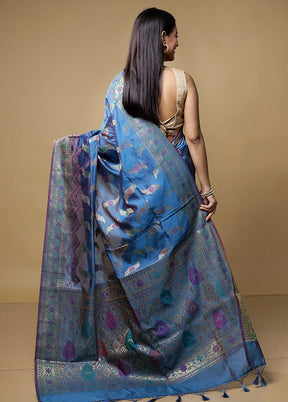 Blue Kora Silk Saree With Blouse Piece