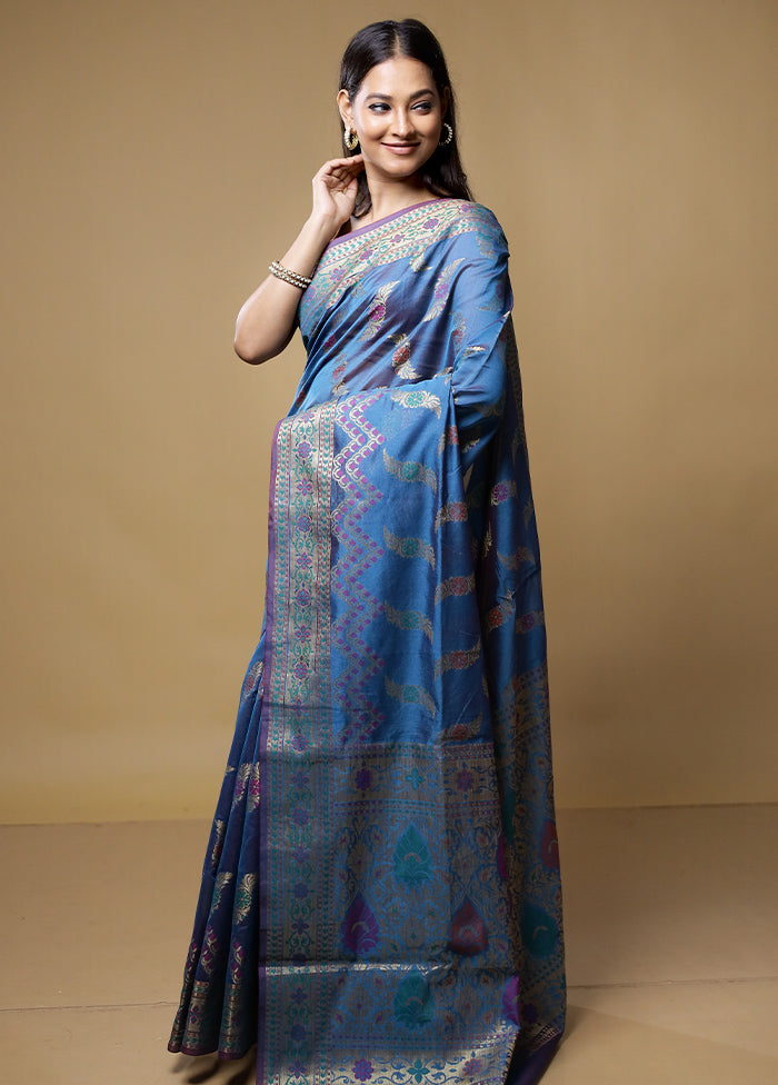 Blue Kora Silk Saree With Blouse Piece