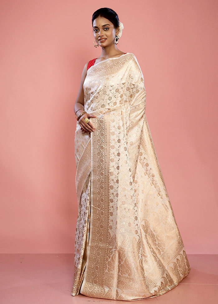 Cream Banarasi Silk Saree With Blouse Piece - Indian Silk House Agencies