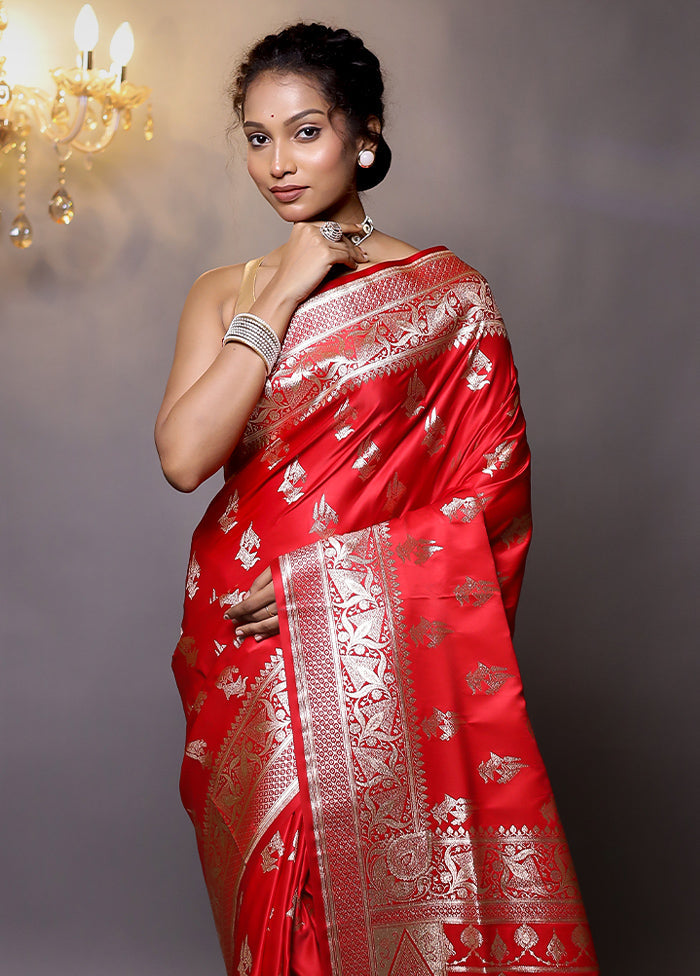 Red Banarasi Silk Saree With Blouse Piece