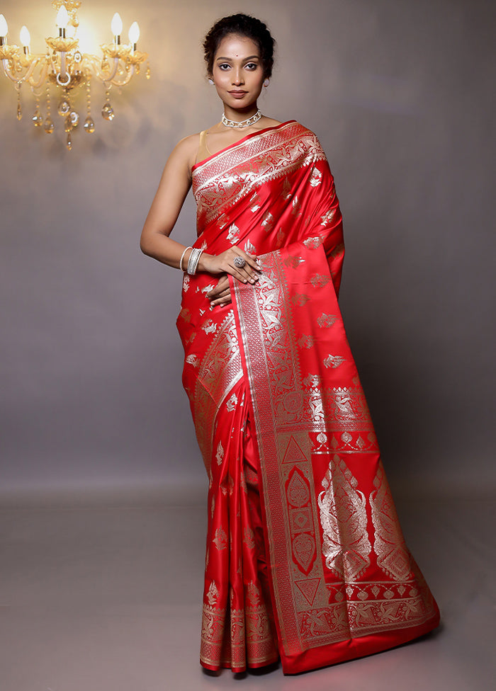 Red Banarasi Silk Saree With Blouse Piece