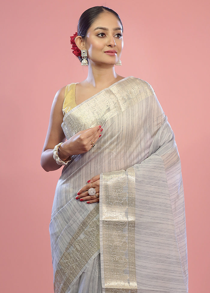 Grey Dupion Silk Saree With Blouse Piece - Indian Silk House Agencies