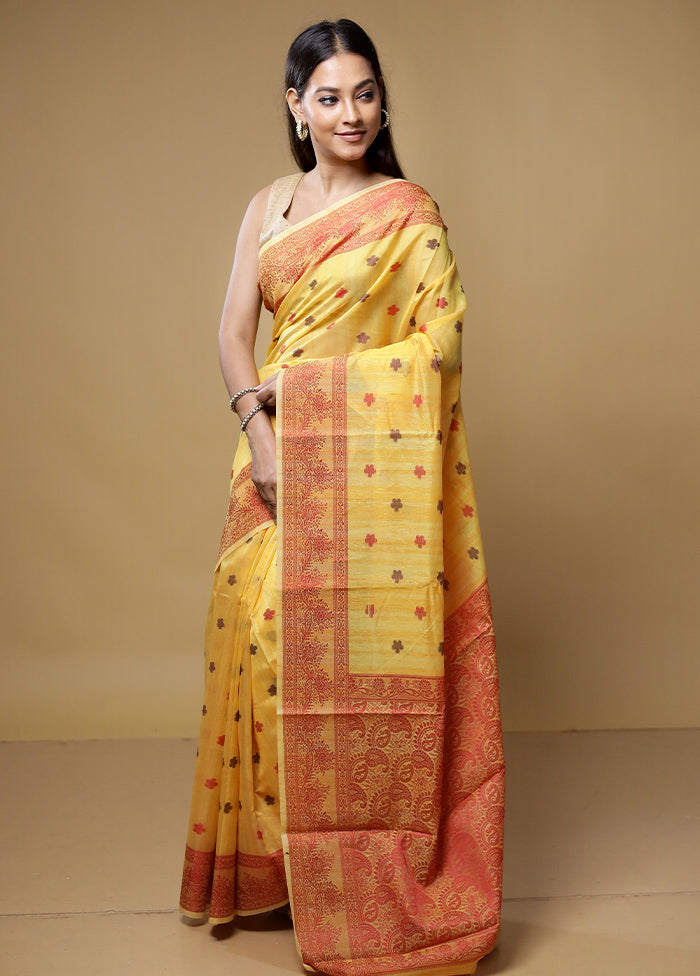 Yellow Kora Silk Saree With Blouse Piece